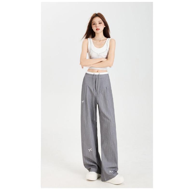 Casual Women s Bow Embroidered Striped Suit Relaxed Gray High Waist Draped Wide Leg Pants S