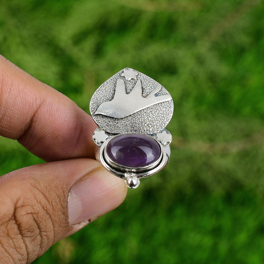 Statement Bird Adjustable Ring 925 Silver Natural African Amethyst