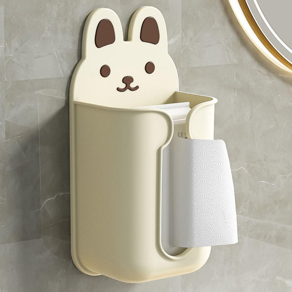 Cute Cartoon Bunny Wall Mounted Tissue Box Space-saving Kitchen Adhesive Tissue Shelf Organizer Rack Napkin Holder Dispenser