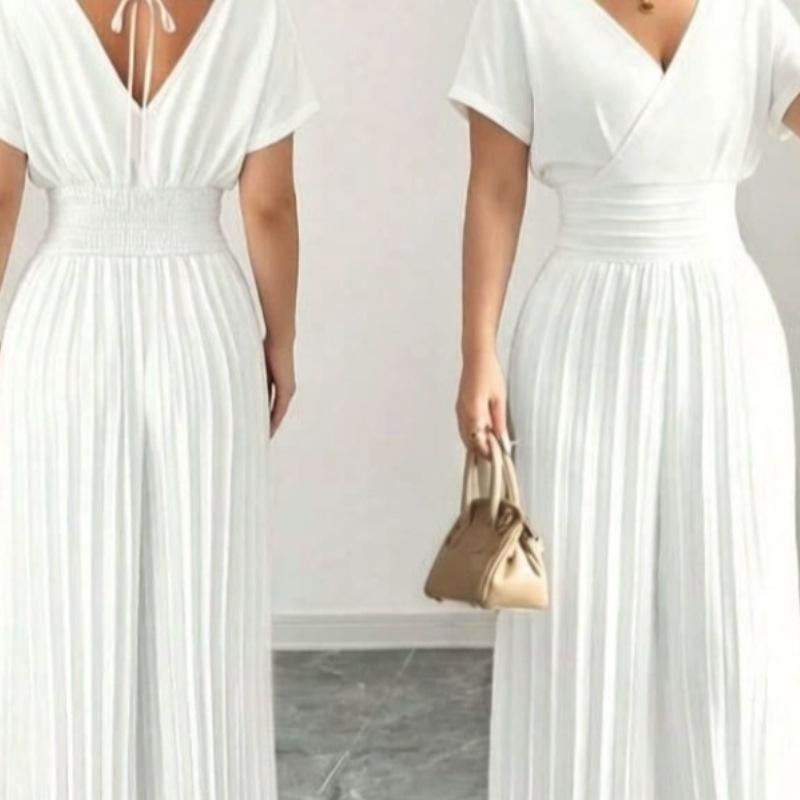 Pantaloni a gamba larga a vita alta alla moda, eleganti, tinta unita, scollo a V, manica corta, plissettati, tuta intera da donna, stile da pendolare