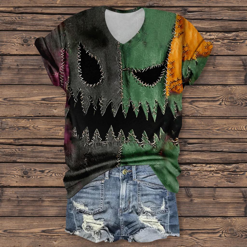 Women's Fashion Casual Three-quarter Sleeve Halloween Letters,  Face Print Top