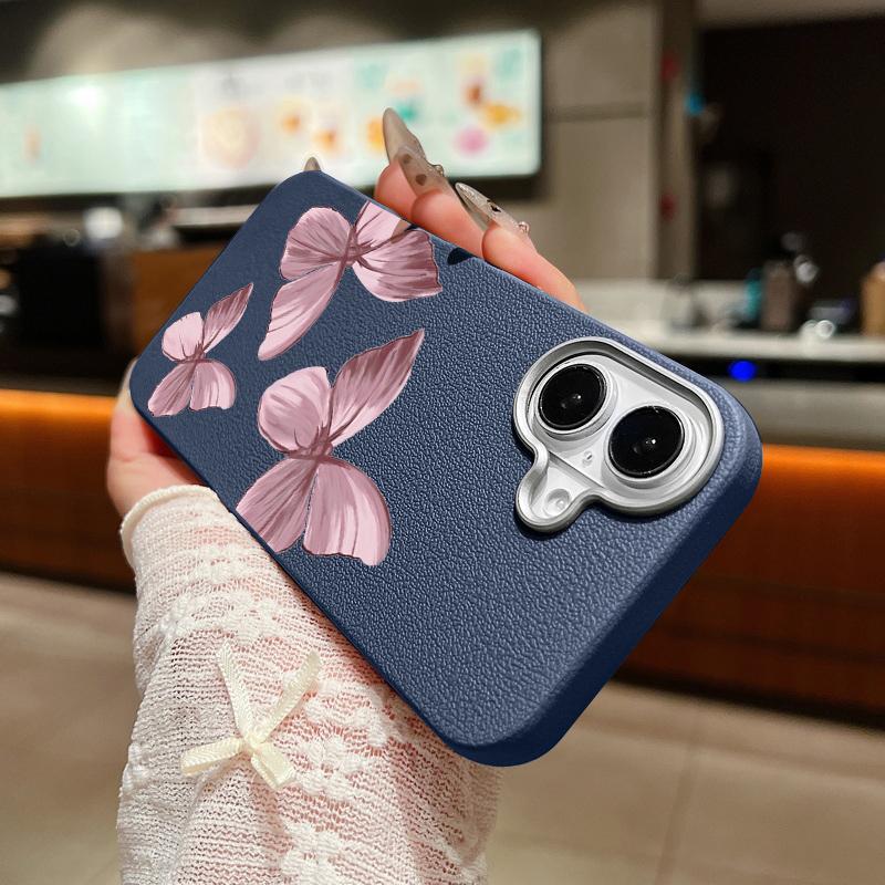 Pink Butterfly Pattern Leather Texture Slim Soft Phone Case For iPhone 16 Pro Max 15 14 Pro 13 12 11 TPU Matte Lens Protection Shockproof Bumper Cover