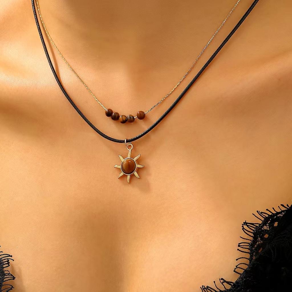 2pcs Set Retro Temperament Tiger's Eye Stone Gold Color Sun Flower Pendant Double Layer Necklace for Women Trendy Jewelry Sets