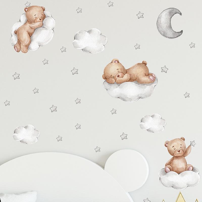 Cartoon Blue Teddy Bear Moon Wall Stickers For Kids Room Baby Nursery Decor Bedroom Wall Decals