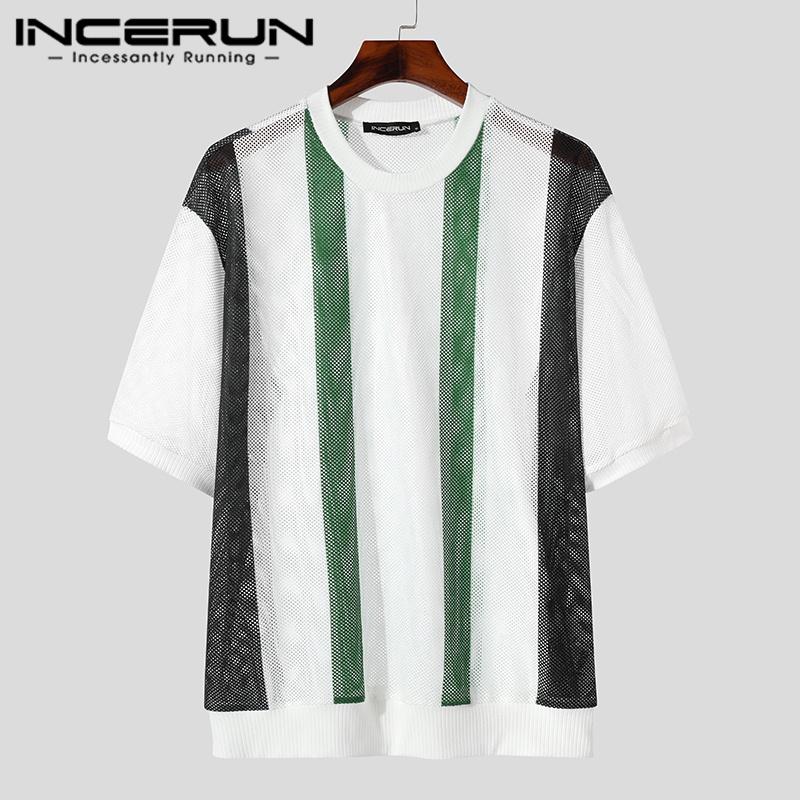 

INCERUN Мужские модные прозрачные топы в полоску с короткими рукавами