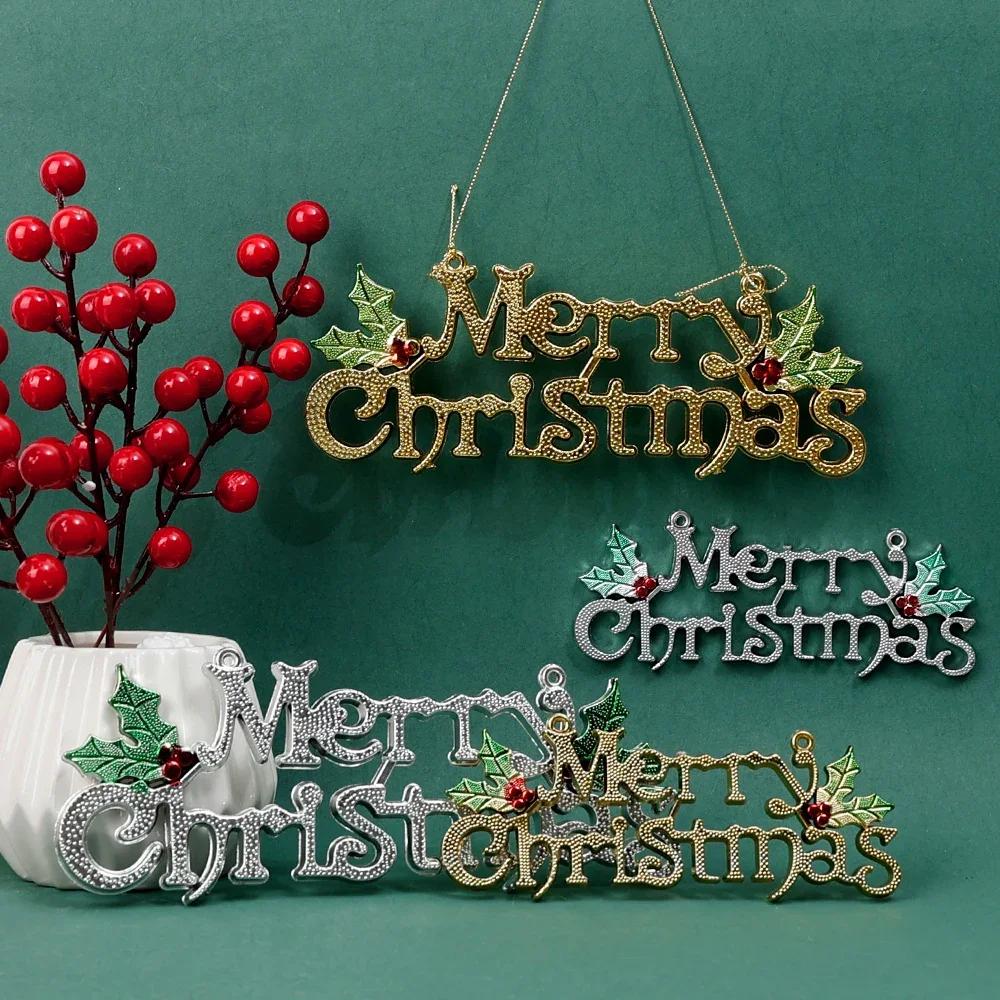 Christmas Letters Hanging Sign 3D Holes Designed Merry Christmas Gold Pendant Home Party Xmas Tree Door Hanging Decoration 2024