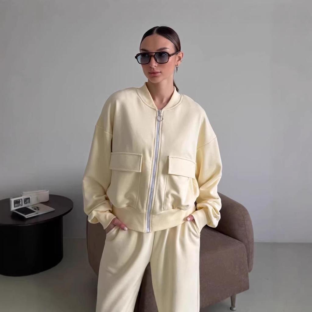 Women's Solid Color Zipper Pocket Sports Jacket & Pants Set - Casual Long Sleeve Two-Piece for Spring/Autumn 2026