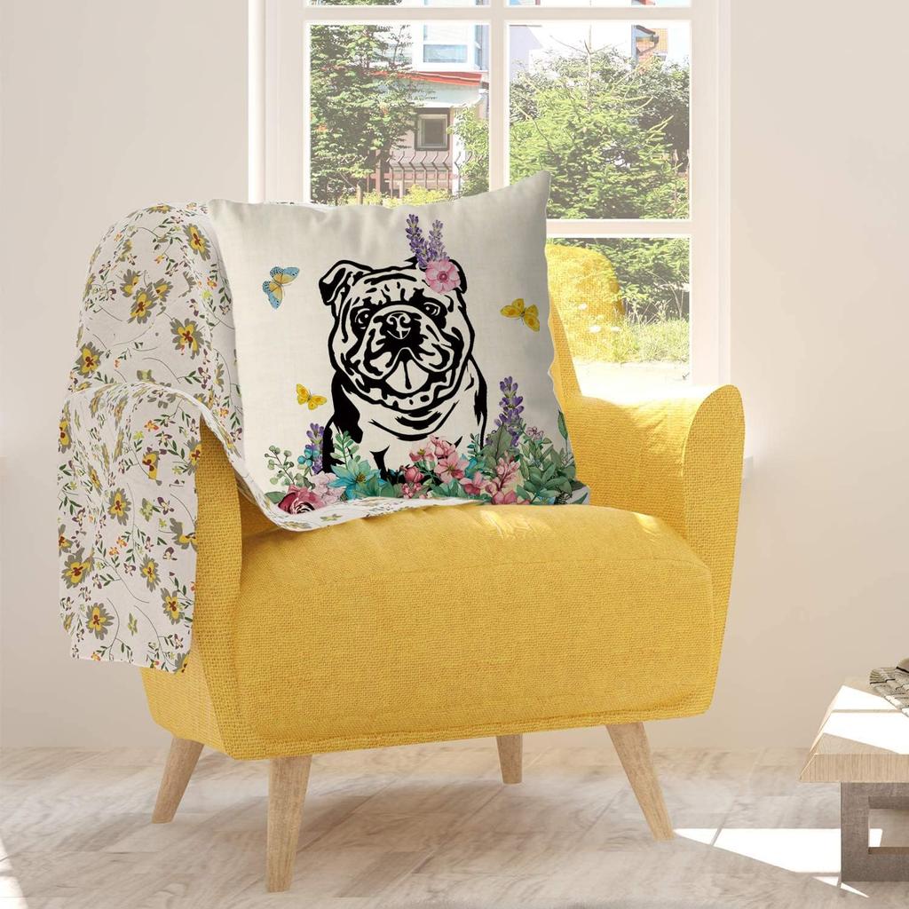 GAGEC Spring Pillow Covers 18x18 Inch English Bulldog Throw Pillowcase Hello Spring Home Sofa Holiday Cushion Case Farmhouse Dog Spring Decorations