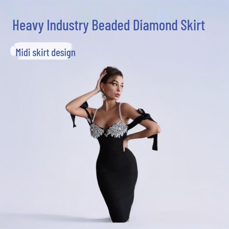 2024 New Elegant Black Beaded Spaghetti Strap Formal Bandage Dress for Women