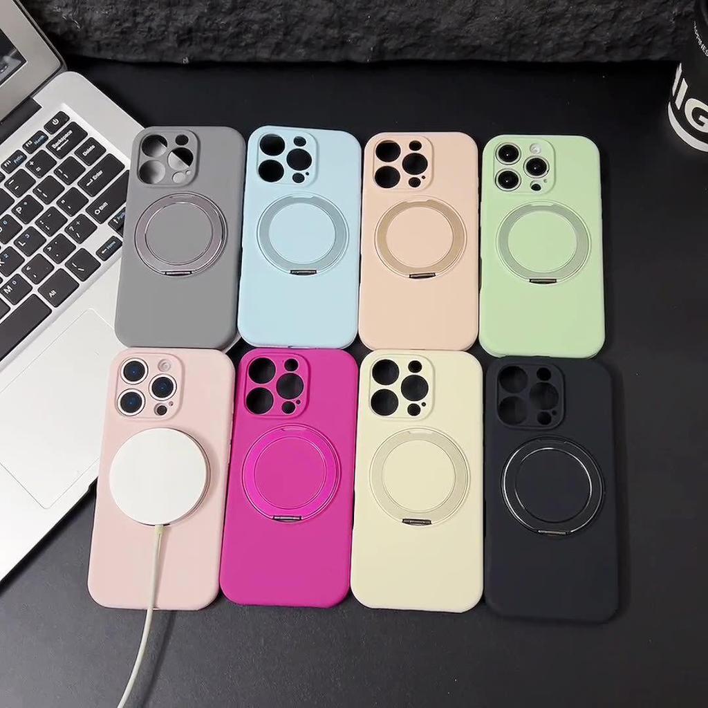 Macaron Liquid Silicone Magnetic Bracket Case for iPhone 17 Pro, 360° Rotation, Drop-Proof