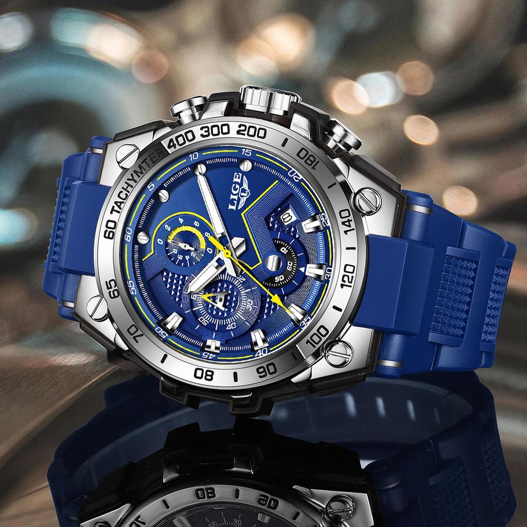 LIGE Men's Watch Multifunction Sub-Dial Silicone Strap Men's Quartz Watches
