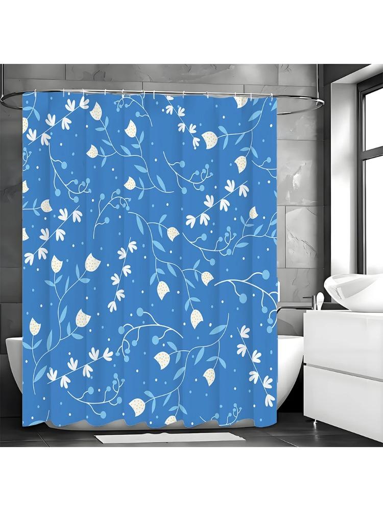 Classical White Flower Ink Blue Shower Curtain, Bathroom Decorative Shower Curtain, Waterproof Shower Curtain with Hooks W90xH180cm