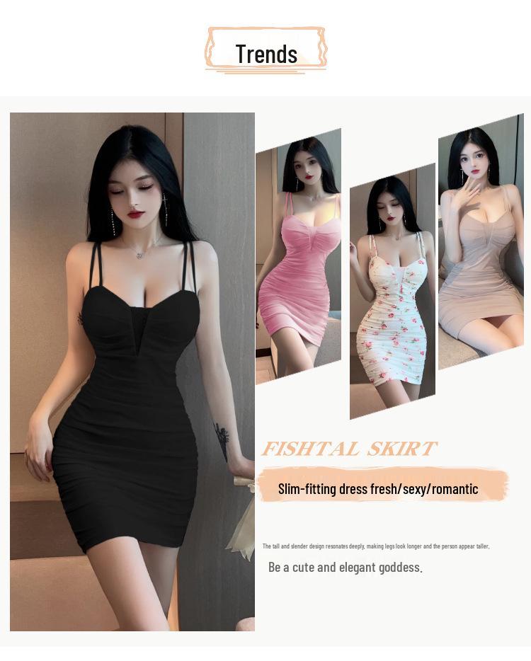 Built-in Padding Mini Dress: Pure Desire Style, Sexy Low-Cut, Spaghetti Strap, Ruched, Flaw-Covering, Slimming Bodycon Short Skirt
