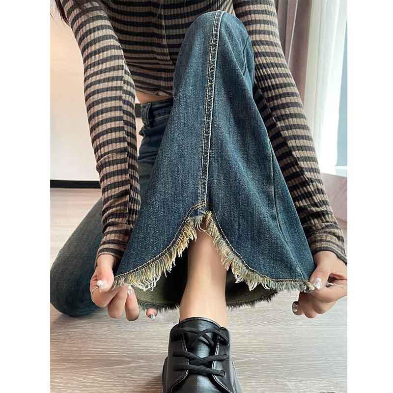Women's High Waist Slimming Velvet Tassel Flare Jeans with Split Hem - 2025 Autumn/Winter Collection