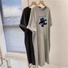 Korean Summer Cat Cartoon Midi T-Shirt Dress - Loose, Casual, Over-the-Knee, Short Sleeve