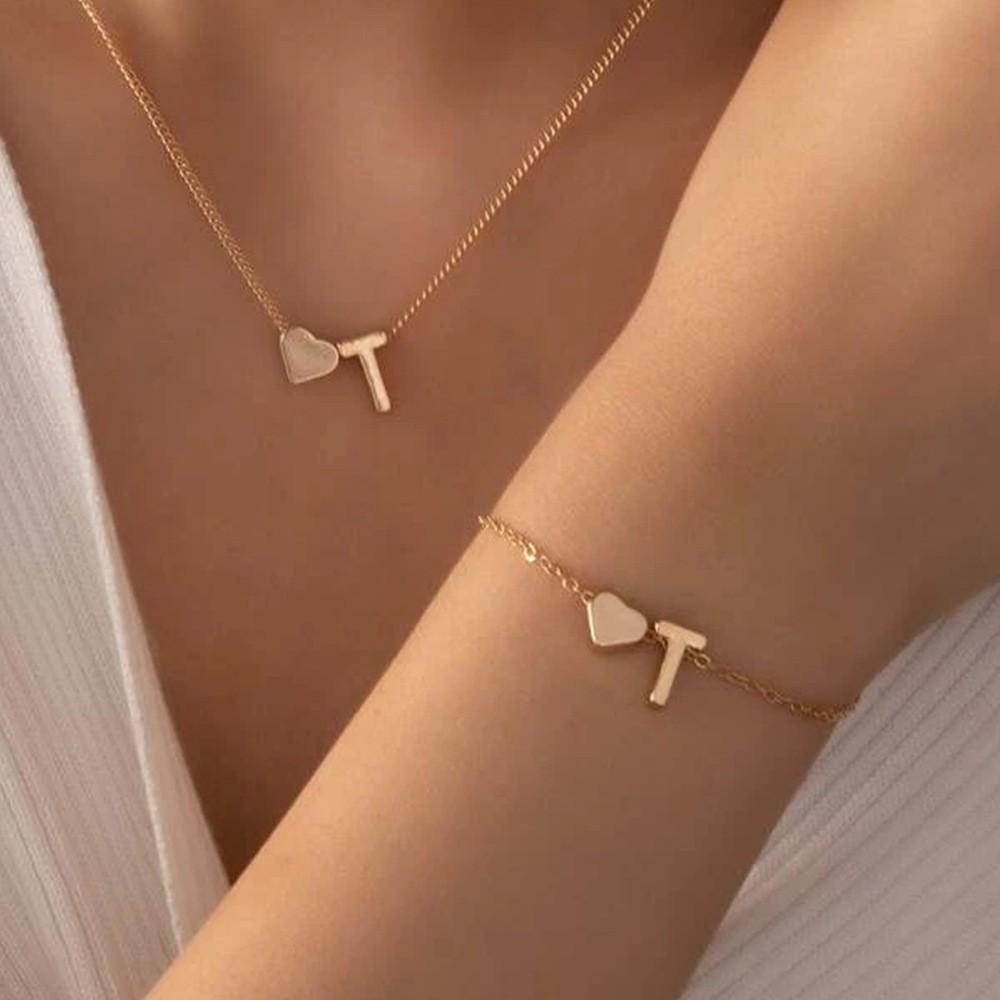 Retro Metal Heart 'M' Necklace & Bracelet Set for Women - European & American Letter Jewelry