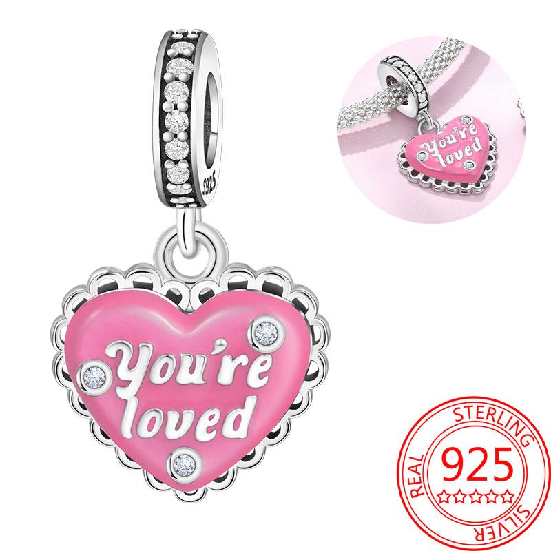 Breloque Pendentif Perles Cœur Rose Scintillant Cuivre Compatible Bracelet Original Pour Femmes Bijoux Cadeaux Saint-Valentin