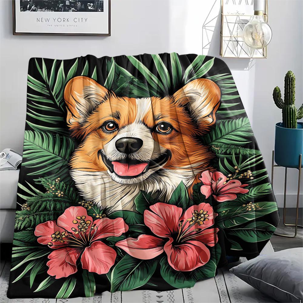 1Pc Corgi Print Flannel Blanket, High quality Comfortable for All Seasons, Home Decor, Warmth and Comfort, Perfect for Christmas Gifts
