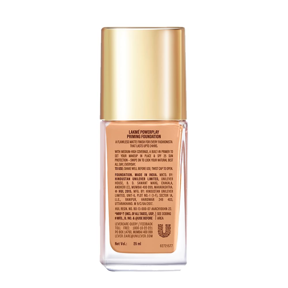 LAKMÉ 9To5 Powerplay Full Coverage Priming Matte Foundation Liquid, Built In Primer For Normal Skin Type, Spf 20, W180 Warm Natural, 25 Ml,1 Count