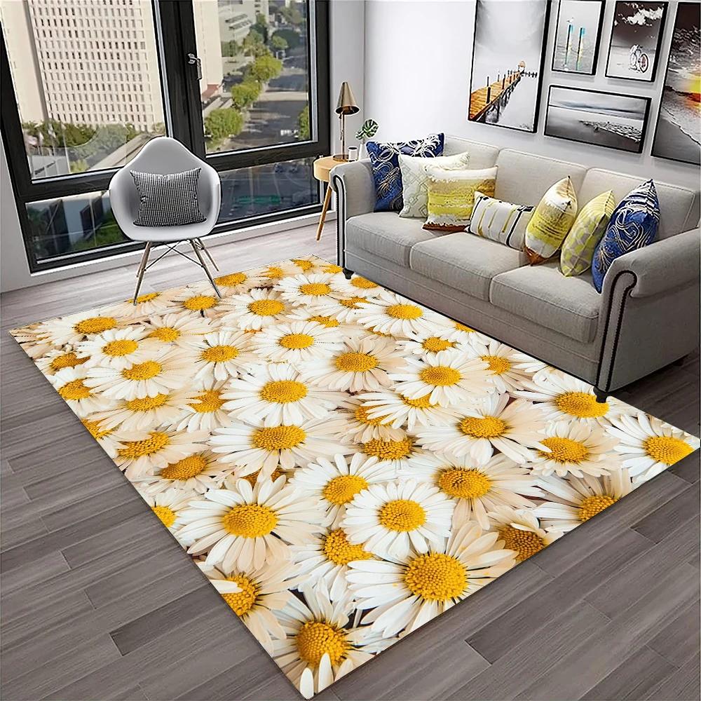 HD Nordic Daisy Sun Flowers 3D Carpet Rug for Home Living Room Bedroom Sofa Doormat Decor,kids Play Area Rug Non-slip Floor Mat
