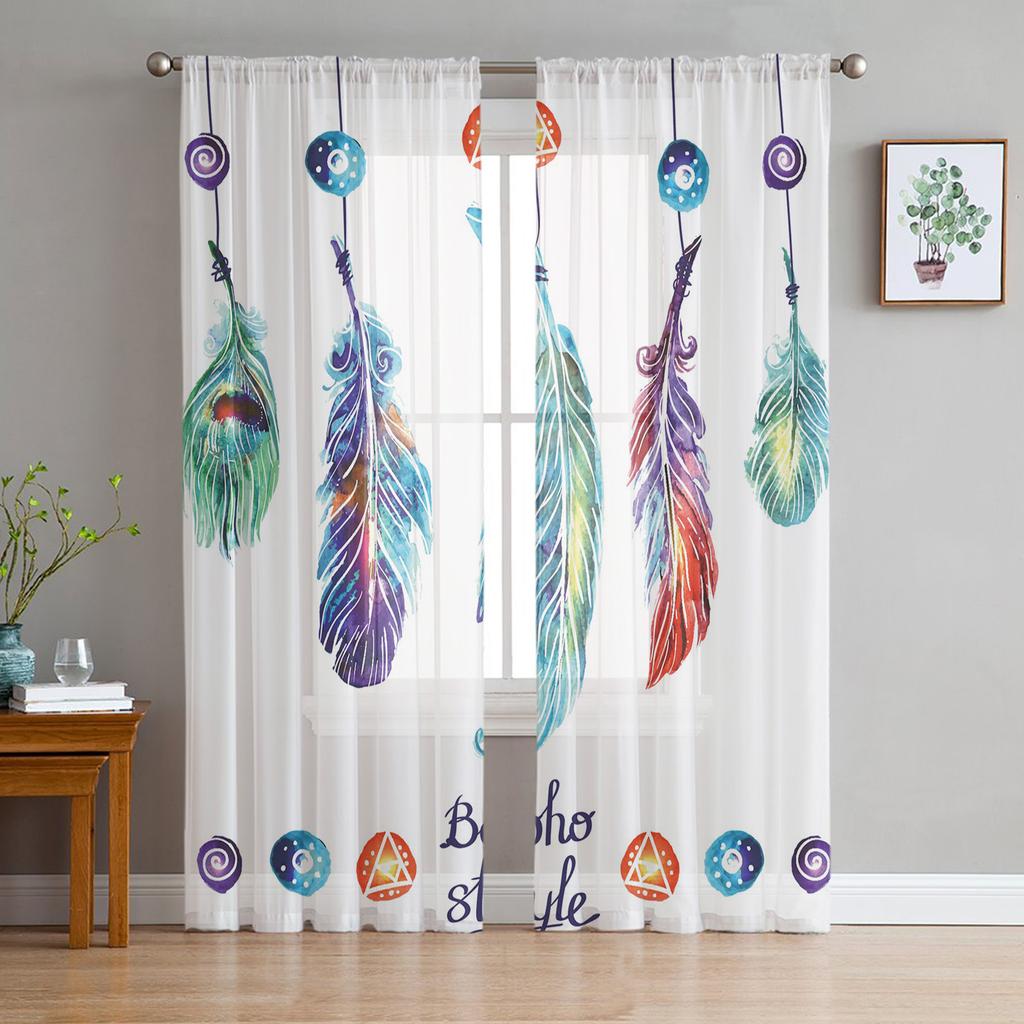 Peacock Feathers Green Tulle Sheer Window Curtains for Living Room Kitchen Children Bedroom Voile Hanging Curtain