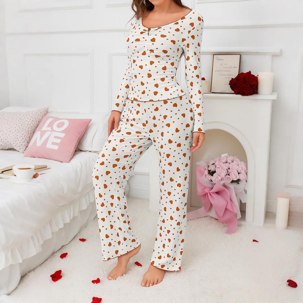 Women's Casual Love Long-sleeved Pajamas Two-piece Suit