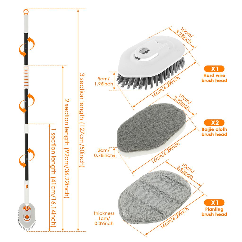 3 In 1 Long Handle Tile Scrubber Cleaning Brush Triangle Sponge Glass Wiper 180° Rotatable Retractable Bathroom Floor Cleaning