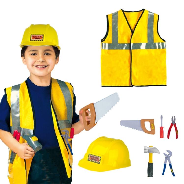 Kids Role Play Fireman Costume with Firefighter Toy Accessories Halloween Builder Worker Clothing for Boy Girl Aged 3-12