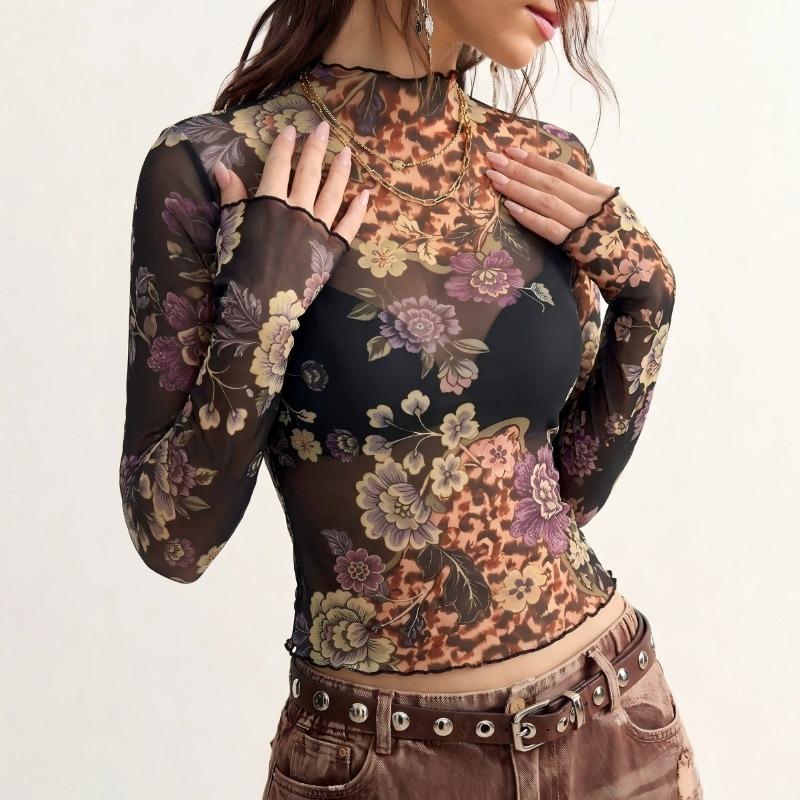 Women S Long Sleeve Floral Print Mesh Slim Fit T Shirt