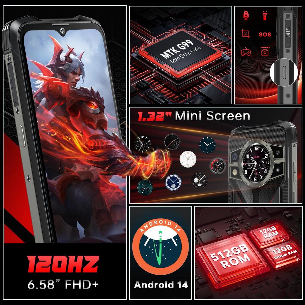 Ανθεκτικό Smartphone CUBOT Kingkong 9, Smartphone 24GB+512GB 10600mAh/33W, 120Hz 6.58" FHD+, 100MP+24MP Νυχτερινή Όραση, 1.35” Μίνι Οθόνη/IP68/OTG/NFC
