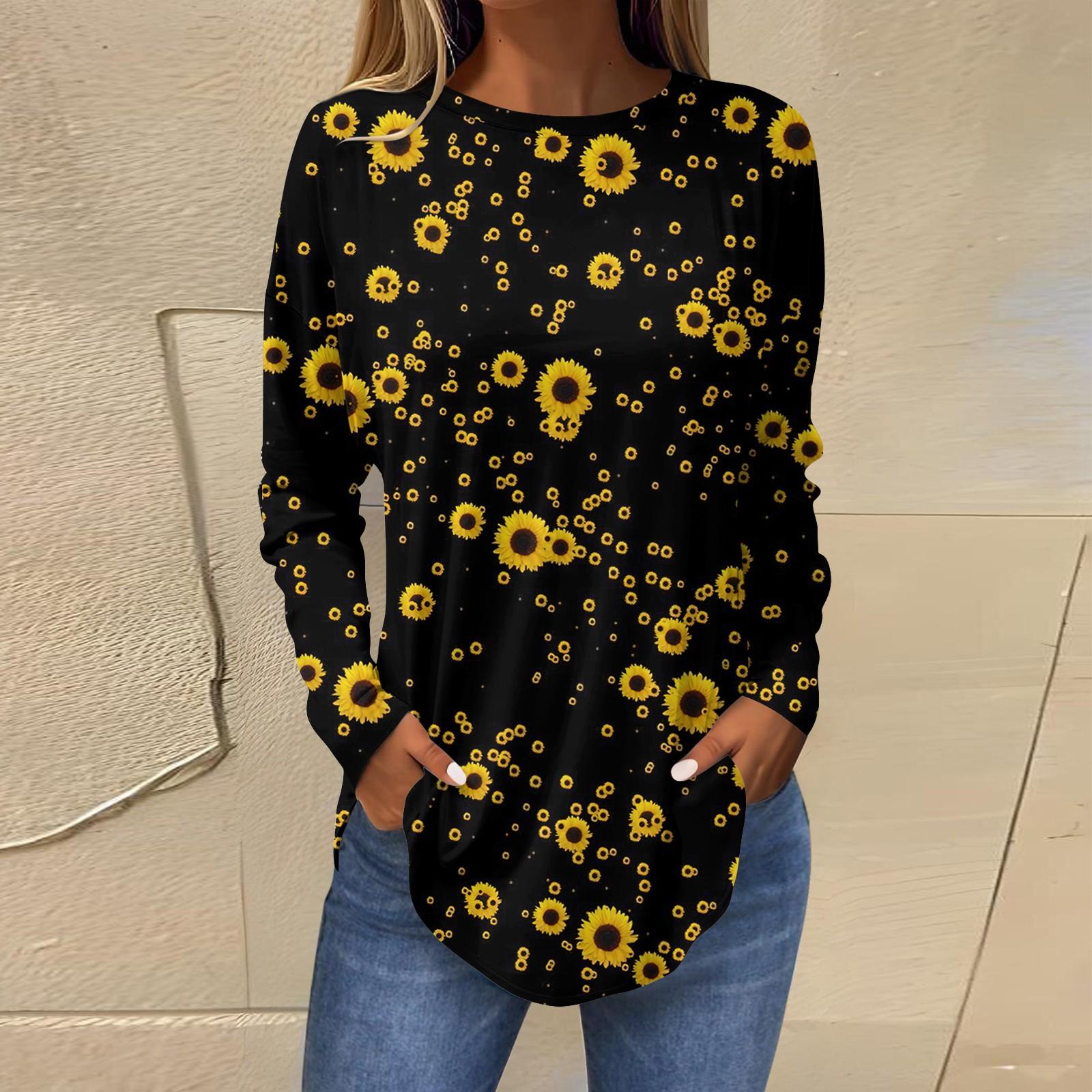 

Женская свободная футболка с длинным рукавом с круглым вырезом и принтом, верхний пуловер XL жёлтый