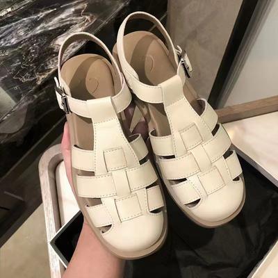 Baotou Sandalen Sommer Dicksohlig Retro Französisch Gewebt Weichsohlig Flachsohlig Römische Sandalen