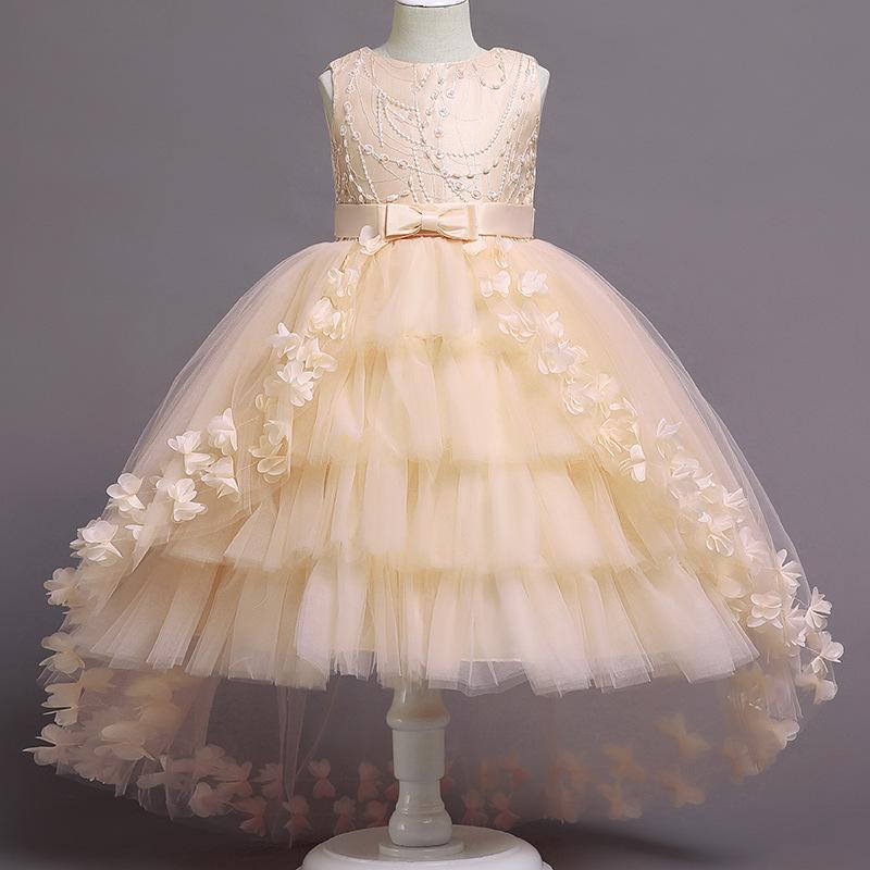 Children's Formal Puffy Princess Wedding Dress with Lace Train for Catwalk and Performances