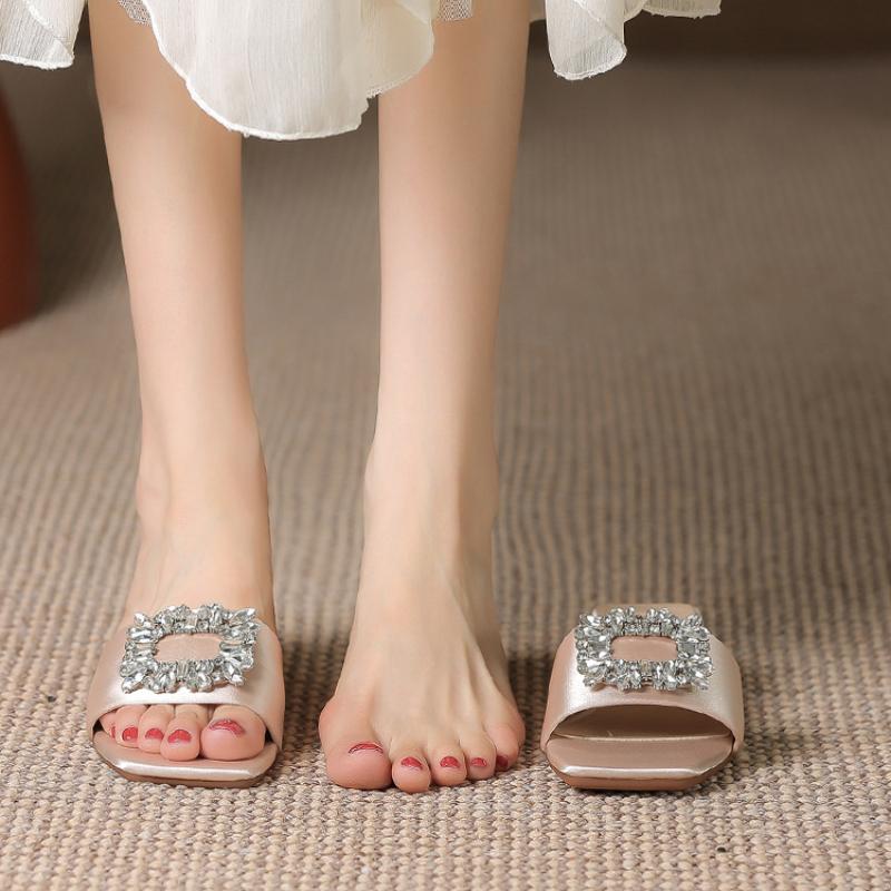 Fashion Elegant Jewel Slides Women Shoes Open Toe Flat Heels Slip On Mules Crystal Slippers Brand Rhinestone Square Buckle Sandals Mujer