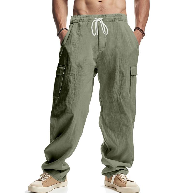 Men's linen trousers four seasons thin section breathable workwear multi-pocket loose casual trend wide-legged trousers