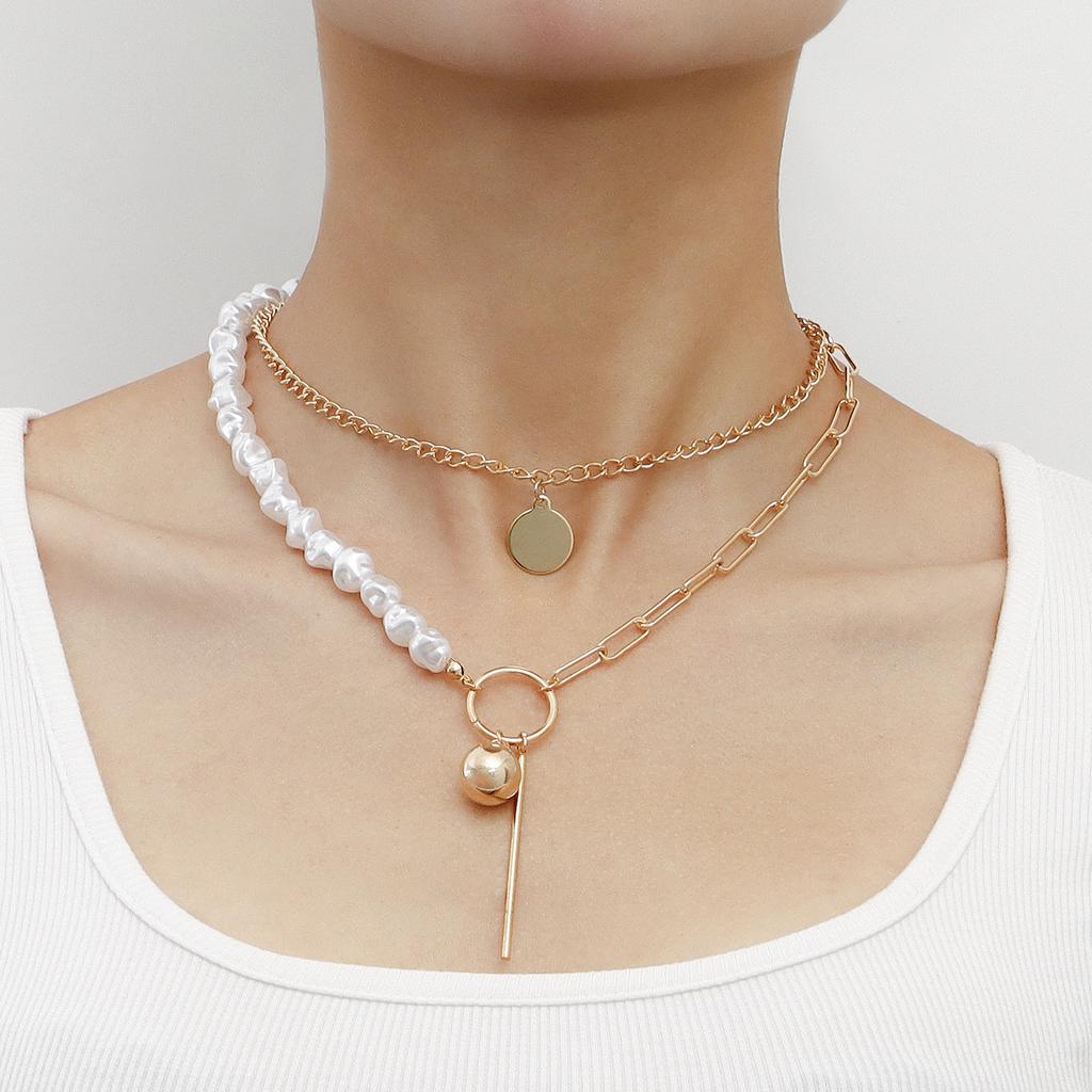 Jewelry Splicing Chain Imitation Baroque Special-shaped Pearl Necklace Geometric Ball Long Stick Pendant Necklace
