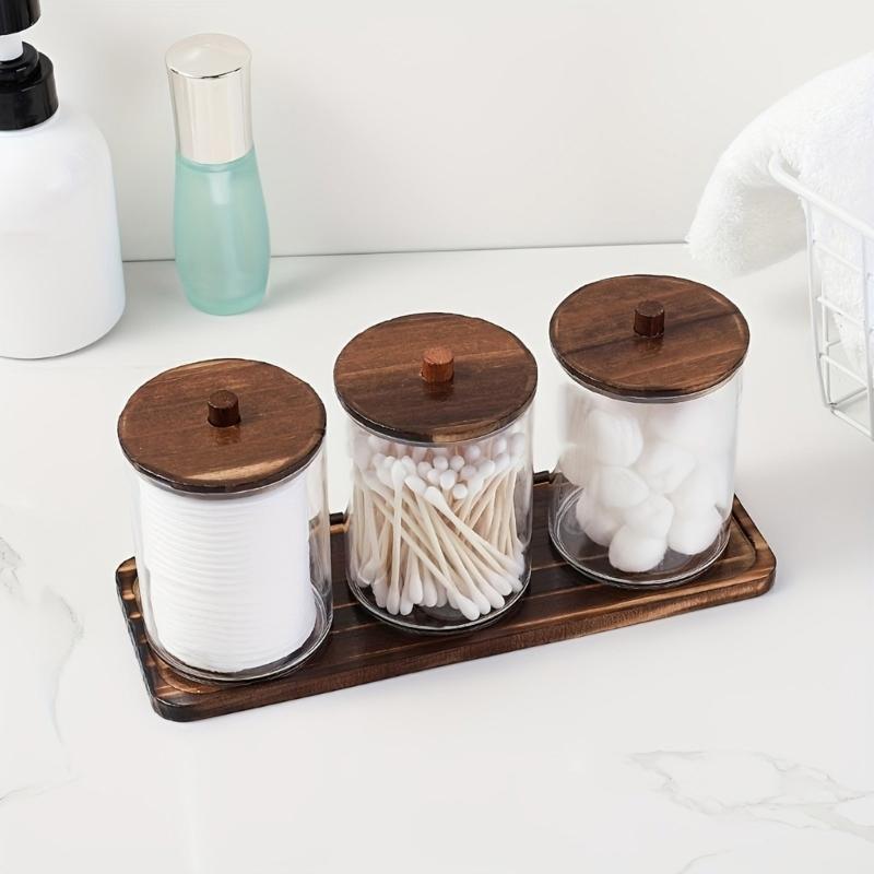 Round Cosmetic Organizers With Natural Wooden Top Transparent Bathroom Storage Container with Wooden Tray
