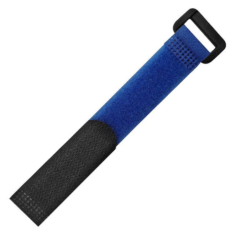 Klettverschlussband mit umgekehrter Schnalle für Datenkabel und Befestigung mit quadratischer Schnalle.