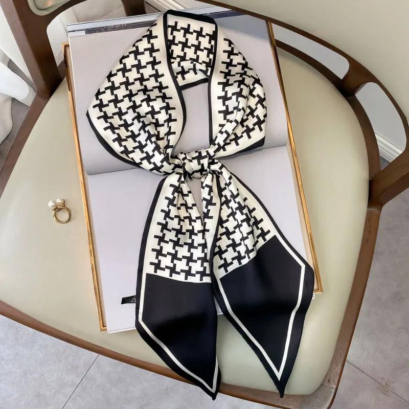 

Silk Scarf Ribbon 15*150Cm Plaid Print Women Foulard Bandana Hair Hijab Fashion Female Skinny Scarfs Lady Bag Neck Ties Scarves 15x150cm