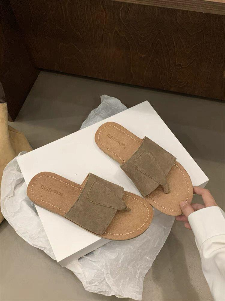 Soft leather version~ retro one-word slippers for women to wear 2025 summer new Mori casual niche flat toe drag