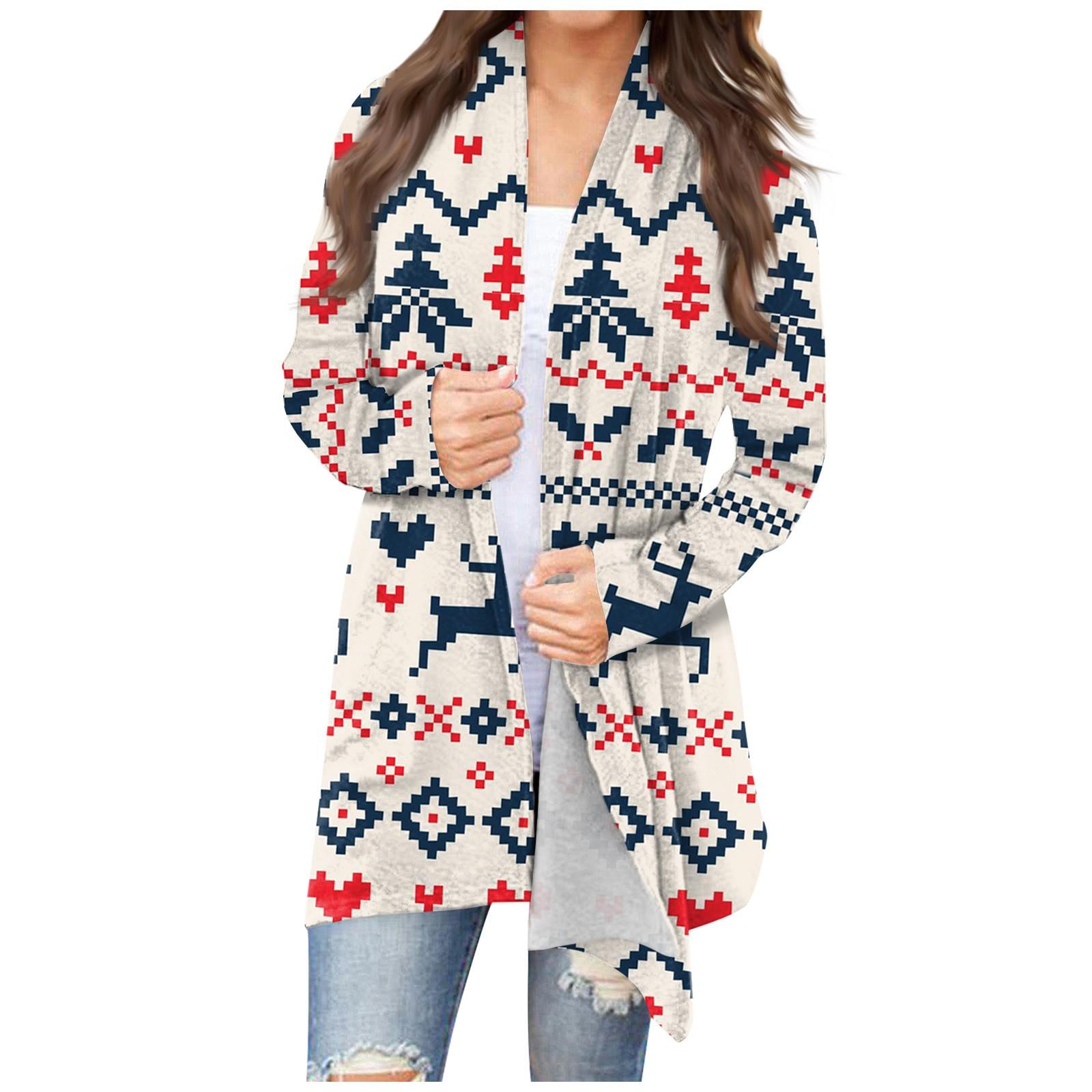 

Женская мода, повседневный рождественский принт, кардиган средней длины, куртка, пальто XL бежевый