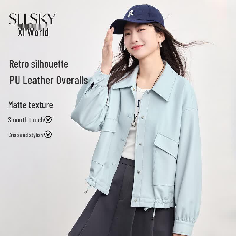 sllsky Women s Mint Blue PU Leather Short Jacket XL