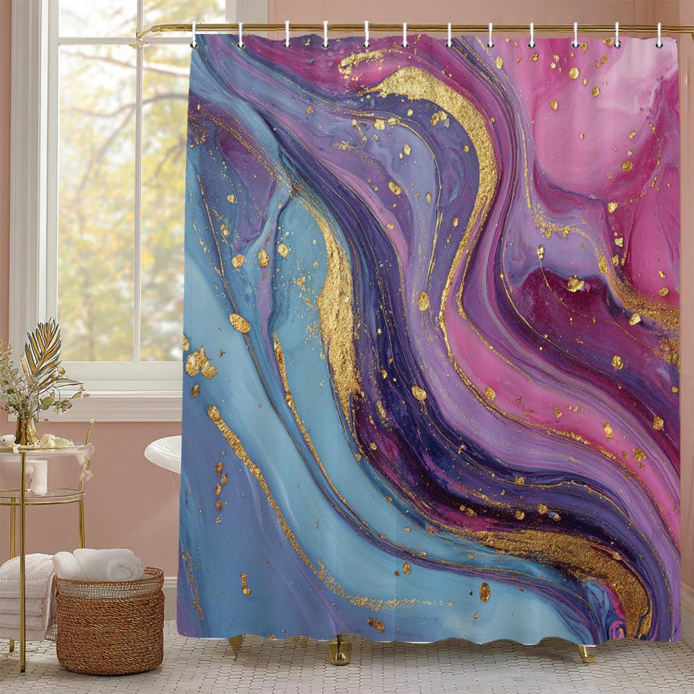 Abstract Ink Black Gold Gray Marbled Shower Curtain, Bathroom Decorative Shower Curtain, Waterproof Shower Curtain With Hooks