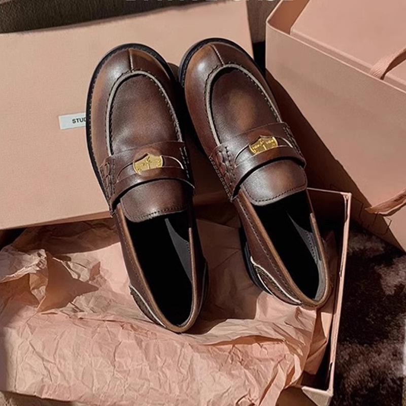 Hong Kong leather retro loafers women's spring and autumn platform design sense small gold coins British style small leather shoes women's single shoe