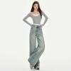 Retro Blue Distressed Denim Wide-Leg Pants for Women