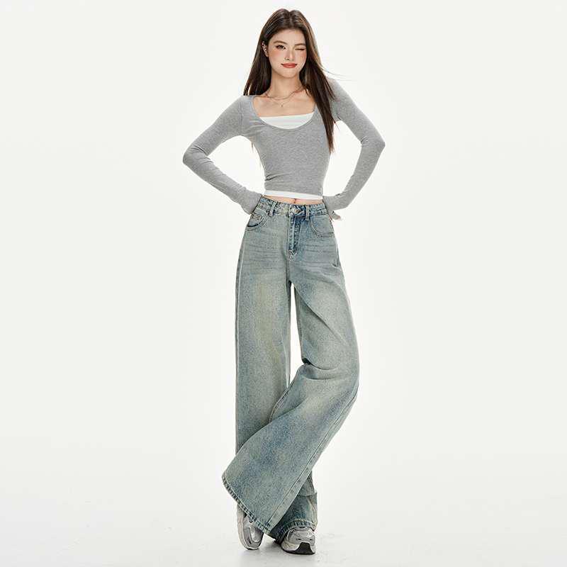 Retro Blue Distressed Denim Wide-Leg Pants for Women
