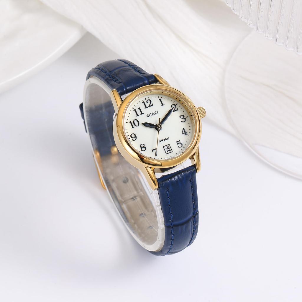 BUREI Analog Quartz Watch with Date Blue Leather Slim and Perfect for Casual and Business Perfect for and Celebrations Women's Display, Strap, Fit,