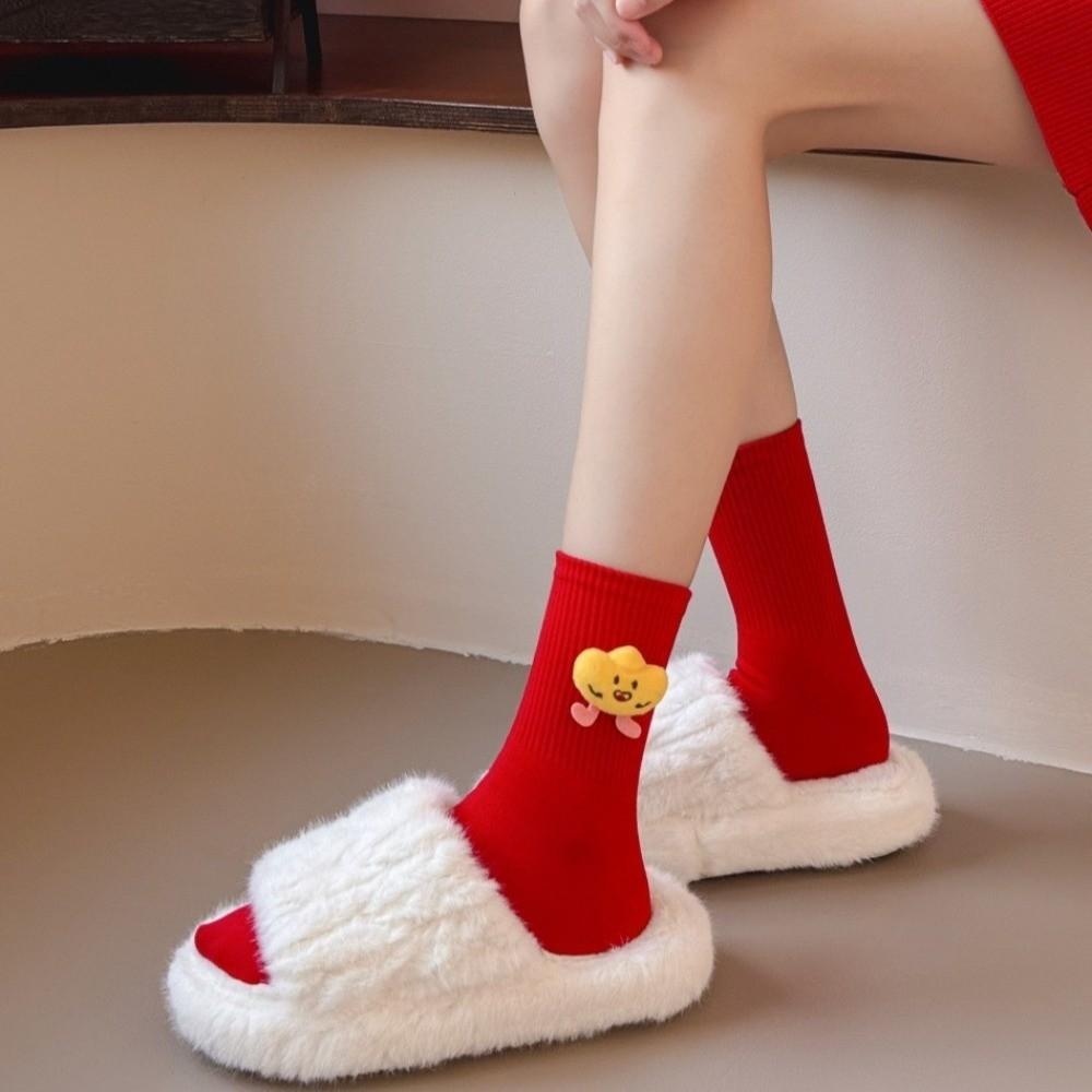 Yuanbao New Year Tube Socks Mid Calf Red Cotton Socks Soft Zodiac Year Socks  Winter Autumn