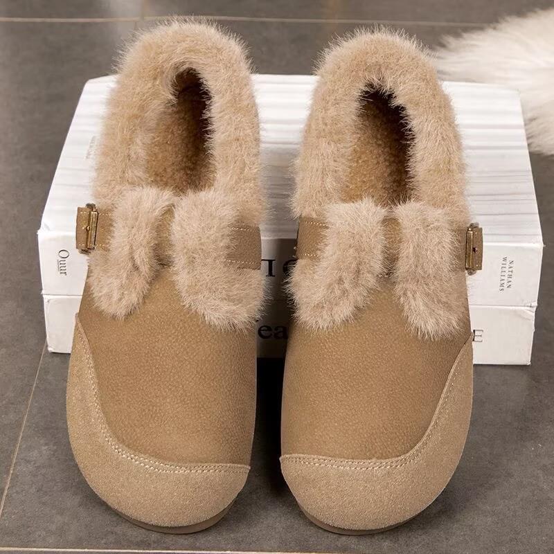 Calçado Outono e Inverno Tamanho Grande Retro Mais Veludo Bico Redondo Fundo Plano Quente Sapatos de Algodão Sapatos Femininos