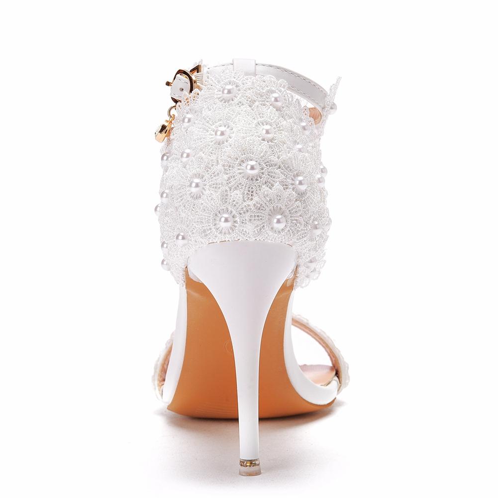 Crystal Queen Women Pearl Lace Wedding Shoes Thin High Heels White Bridal Sandals Summer Strap Ankle Sexy Party Dress